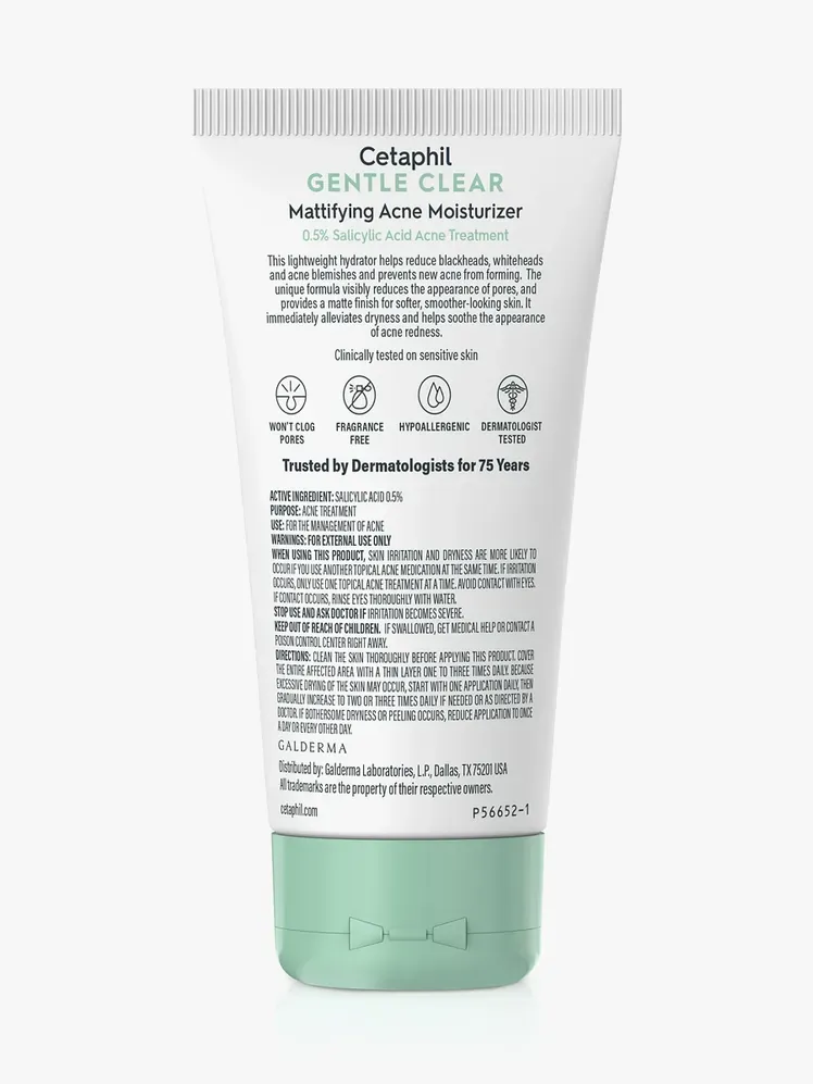 Gentle Clear Mattifying Acne Moisturizer v blagovni znamki bele tube s teal pokrovčkom na svetlo sivem ozadju