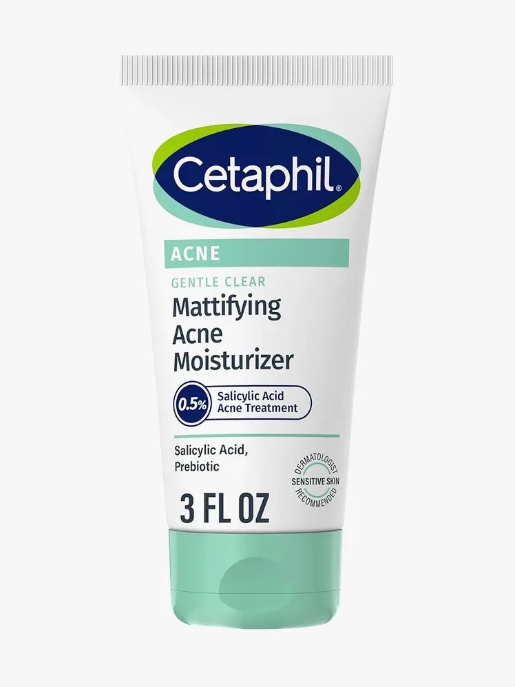 Gentle Clear Mattifying Acne Moisturizer v blagovni znamki bele tube s teal pokrovčkom na svetlo sivem ozadju