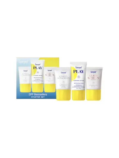 Supergoop! SPF Bestsellers Starter Set с три различни продукта до брандирана опаковка на бял фон