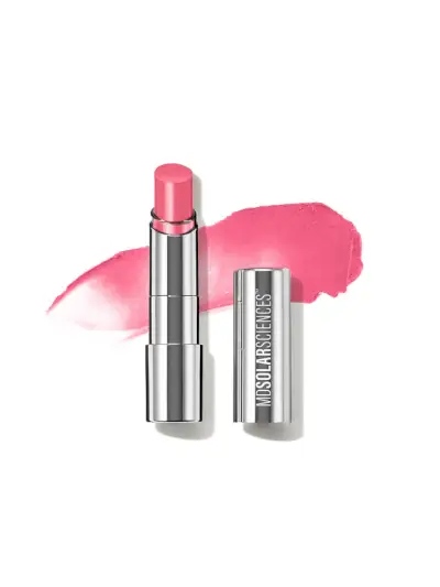 MDSolarSciences Hydrating Sheer Lip Balm i lys rosa nyanse i sølvmetallrør på hvit bakgrunn med produktprøve