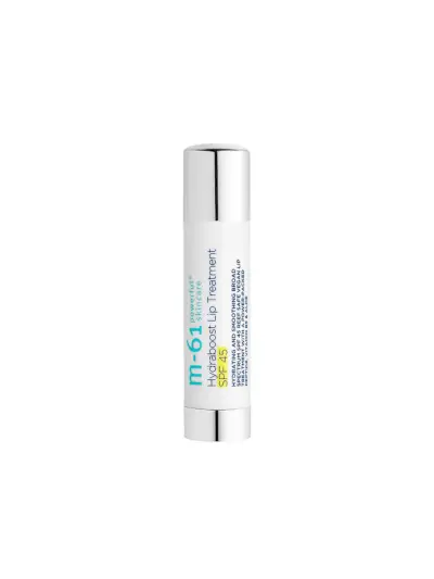 M-61 Hydraboost Lip Treatment SPF 45 i merkede hvite og sølv metallrør på hvit bakgrunn