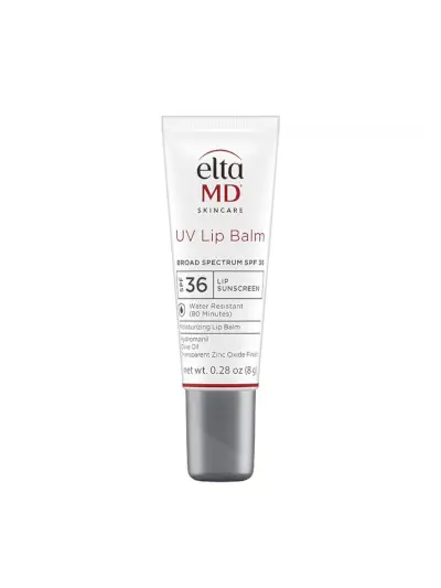 EltaMD UV Lip Balm Broad-Spectrum SPF 36 i merket hvit og sølv tube på hvit bakgrunn