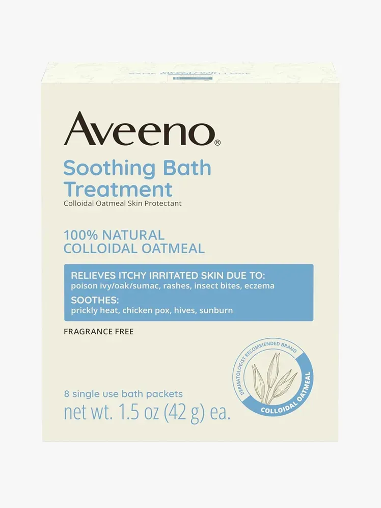 Trattamento da bagno lenitivo Aveeno in componente di marca su sfondo grigio chiaro