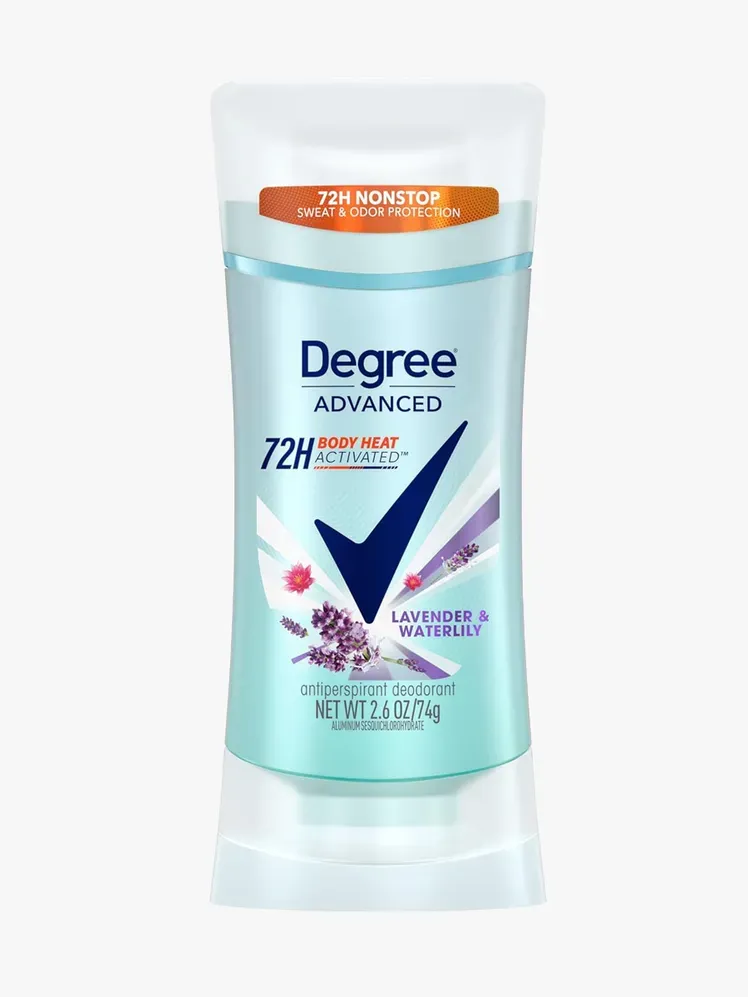 ライトグレーの背景にブランドコンポーネントの Degree MotionSense ラベンダーとスイレン制汗剤