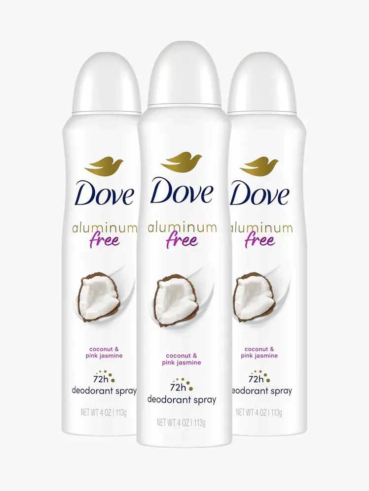 明るい灰色の背景にブランドのコンポーネントの Dove 0% アルミニウム消臭スプレー
