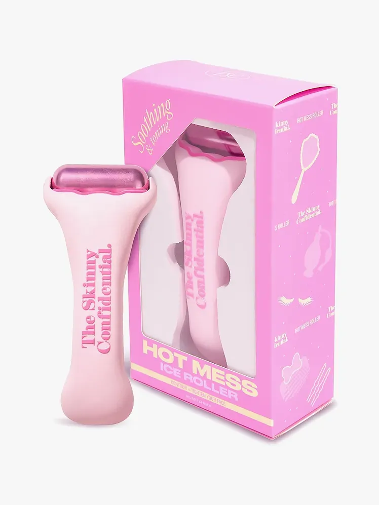 Hot Mess Ice Roller márkás rózsaszín dobozos csomagolásban világosszürke alapon