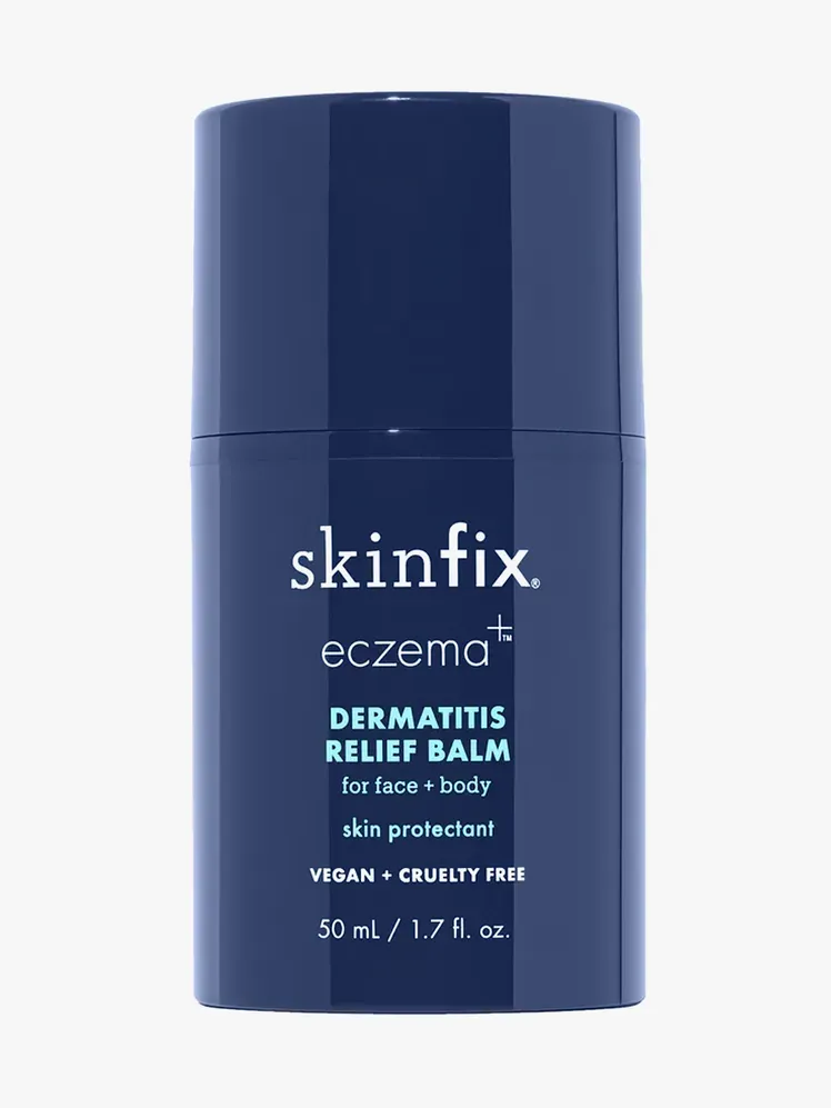 Ekcéma+ Dermatitis Relief Balm márkás kék csavaros csomagolásban világosszürke alapon