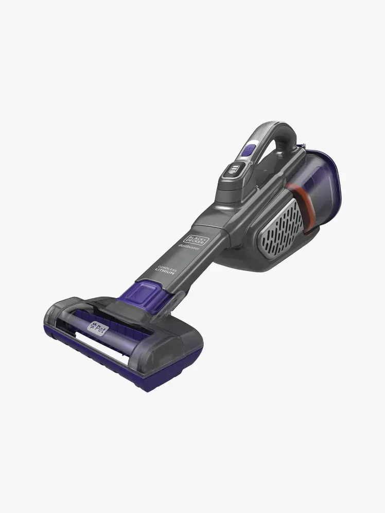 Black+Decker Dustbuster Furbuster AdvancedClean+ שואב כף יד אלחוטי לחיות מחמד ברכיב ממותג על רקע אפור בהיר