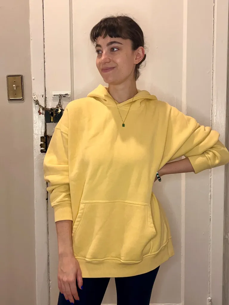 Billedet kan indeholde Blusetøj Striktrøje til voksne Sweatshirt med ærmer Ansigtshoved og hættetrøje