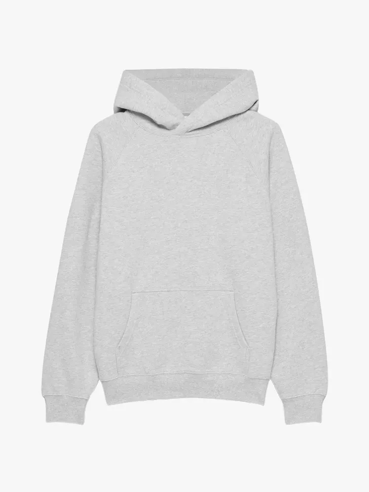 Sweatfleece Cozy Fleece Mega Raglan hættetrøje i grå farve på lysegrå baggrund