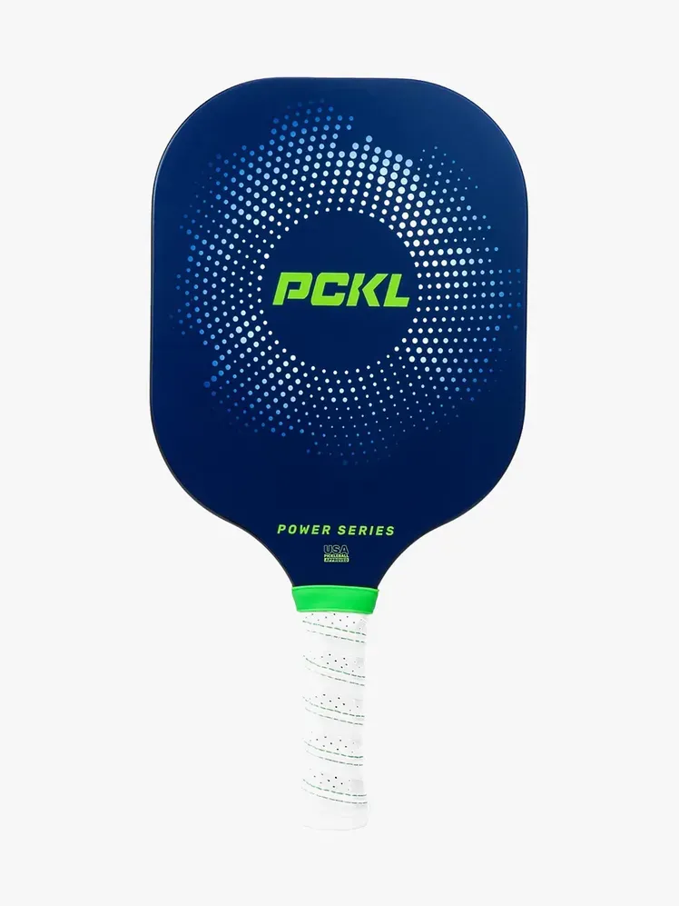 Paleta Pickleball Power Series en color verde, azul y blanco de marca sobre fondo gris claro