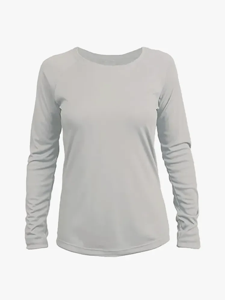 Жіночий одяг з довгим рукавом із захистом від ультрафіолету UPF 50+ із фірмовим компонентом на світло-сірому фоні