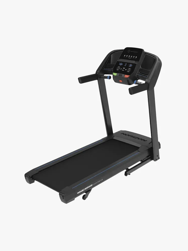 Tekalna steza serije Horizon Fitness T101 GO v komponenti z blagovno znamko na svetlo sivem ozadju