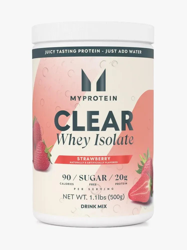 MyProtein Clear Whey Isolate nel componente con marchio su sfondo grigio chiaro