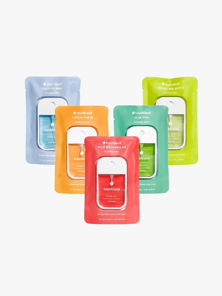 Touchland Power Mist Hydrating Hand Sanitizer Spray in Markenkomponente auf hellgrauem Hintergrund