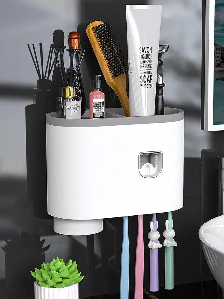 Showgoca Zahnbürsten-Aufbewahrungsregal und automatischer Zahnpastaspender