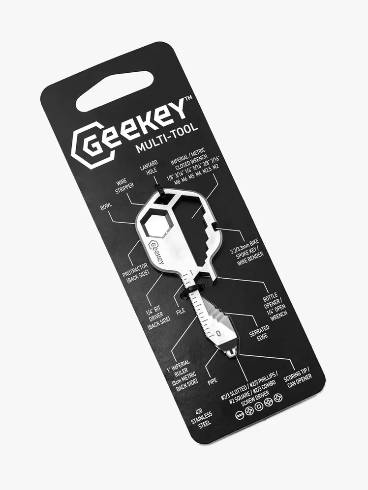 Geekey MultiTool in Markenkomponente auf hellgrauem Hintergrund
