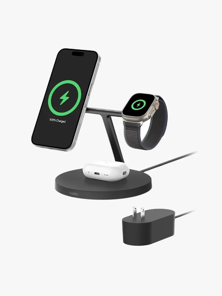 Belkin MagSafe-kompatibles Ladegerät mit Markenkomponente auf hellgrauem Hintergrund