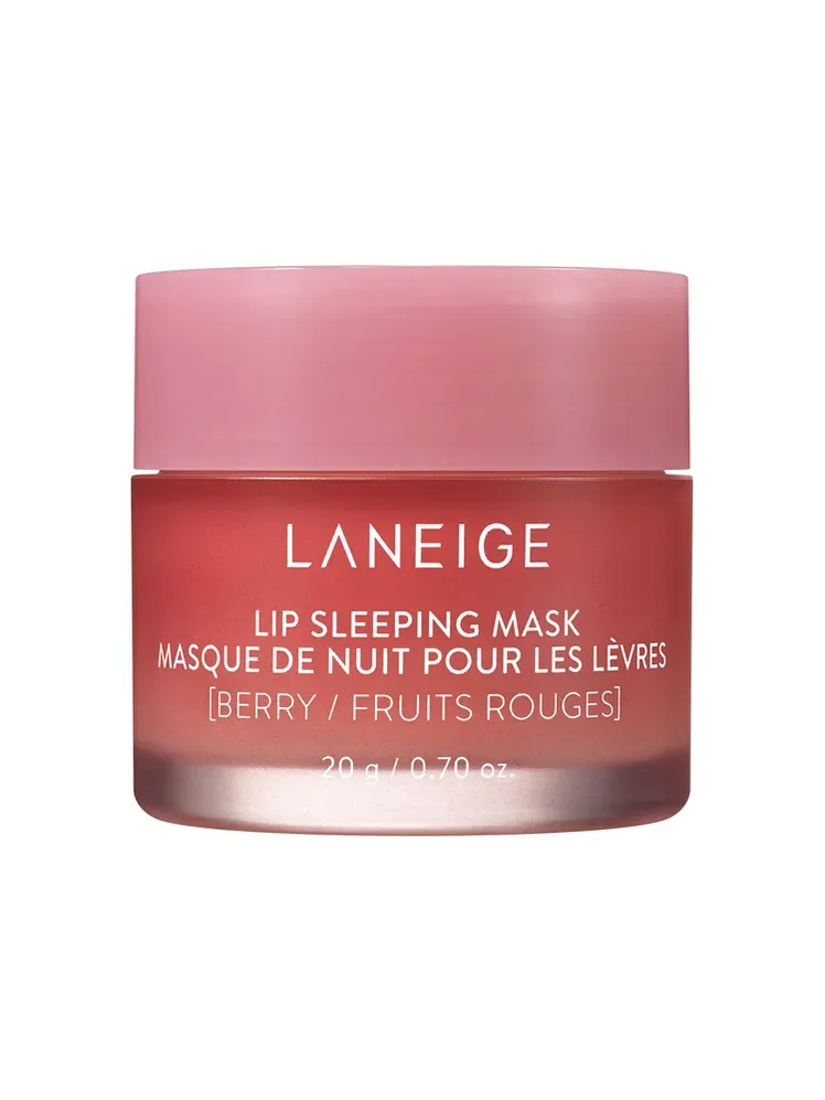 Máscara para dormir labial en frasco rosa de marca con tapa rosa sobre fondo blanco