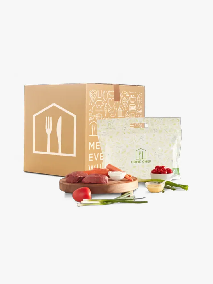 Abonnement Home Chef en composant de marque sur fond gris clair