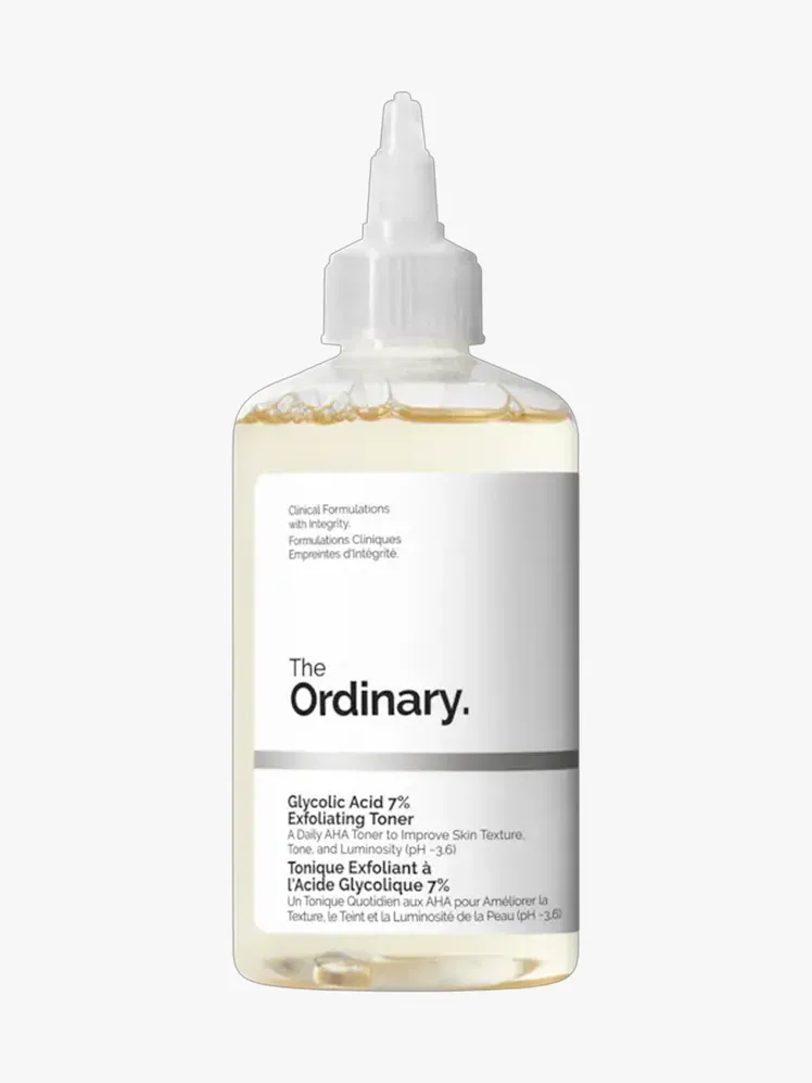 Įprastas glikolio rūgšties 7% šveičiamasis tonikas firminiame komponente šviesiai pilkame fone