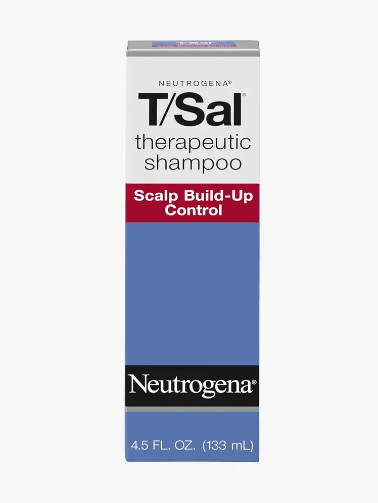 แชมพู Neutrogena T-Sal Therapeutic ในส่วนประกอบที่มีตราสินค้าบนพื้นหลังสีเทาอ่อน