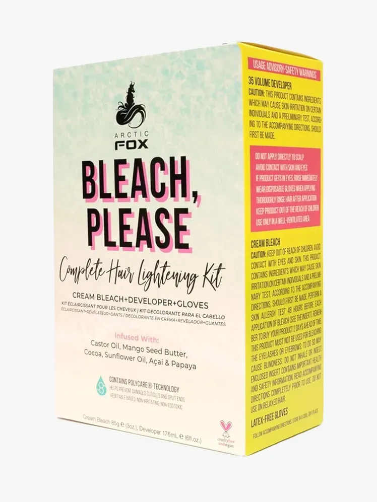 Arctic Fox Bleach Please Hair Lightening Kit Cream Bleach في مكون ذو علامة تجارية على خلفية رمادية فاتحة