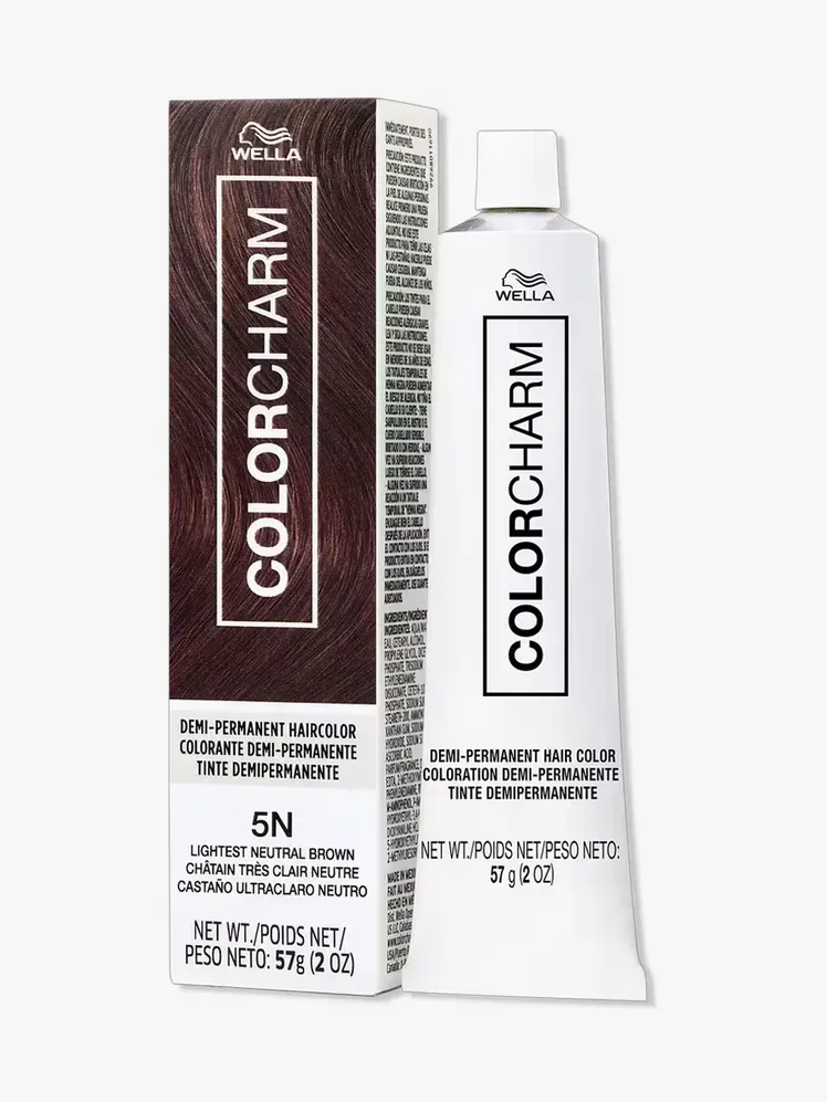 لون الشعر الدائم Wella Colorcharm Demi في مكون ذو علامة تجارية على خلفية رمادية فاتحة