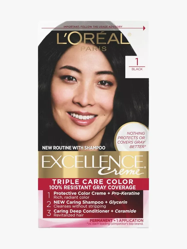 لون الشعر الدائم من لوريال باريس إكسلنس كريم في مكون ذو علامة تجارية على خلفية رمادية فاتحة