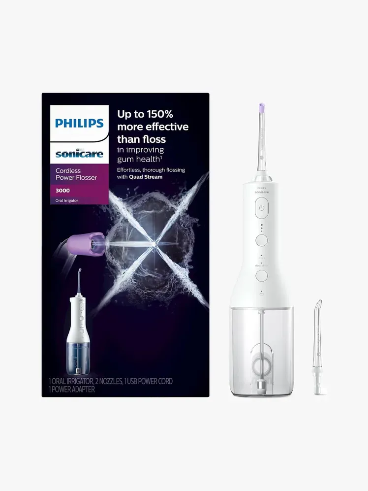 Hilo dental inalámbrico Philips Sonicare 3000 en un componente de la marca sobre un fondo gris claro