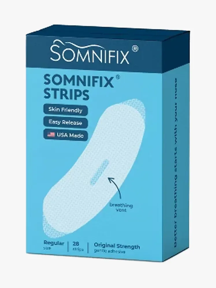 Somnifix-Mundstreifen aus Markenkomponente auf hellgrauem Hintergrund