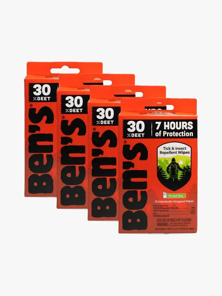 Toallitas repelentes de insectos y garrapatas de Ben (paquete de 4) en un componente de la marca sobre un fondo gris claro