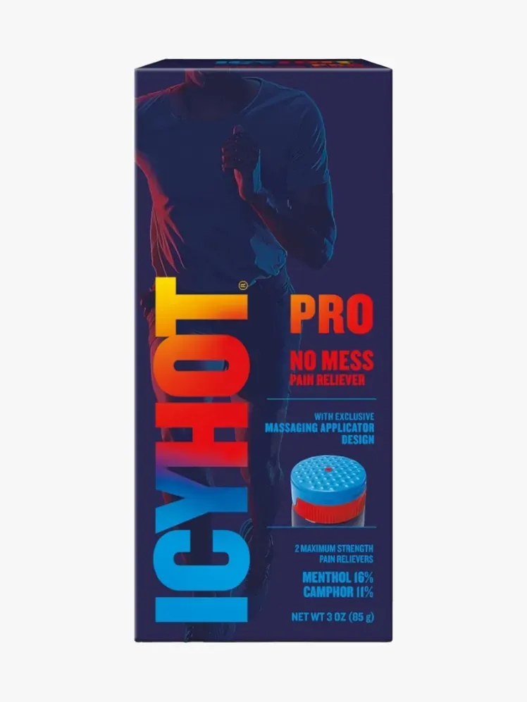 Icy Hot Pro ingen röra i märkeskomponent på en ljusgrå bakgrund