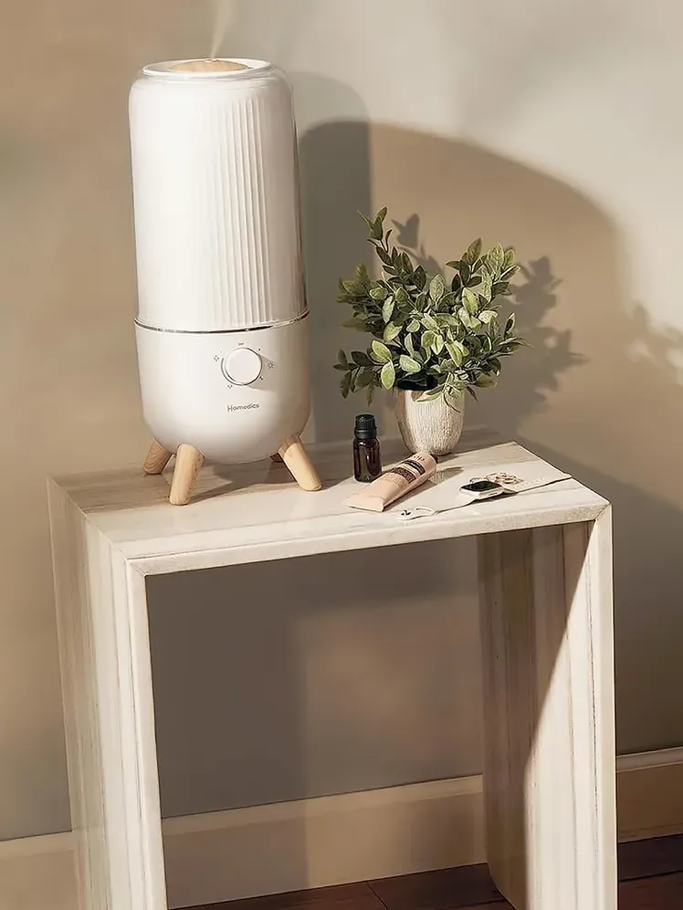 เครื่องทำความชื้นอัลตราโซนิกบนโต๊ะข้างต้นไม้ในห้องนอน
