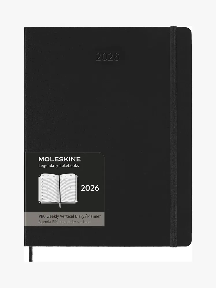 Vertikaler Moleskine Pro-Planer mit Markenkomponente auf hellgrauem Hintergrund