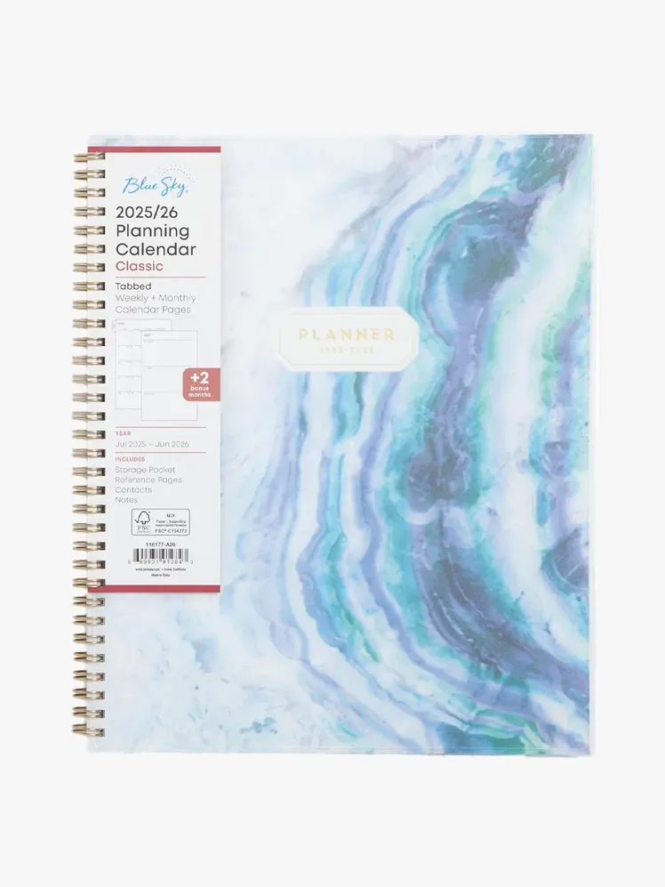 Wöchentlicher und monatlicher akademischer Jahresplaner von Blue Sky 2025–2026 in Markenkomponente auf hellgrauem Hintergrund