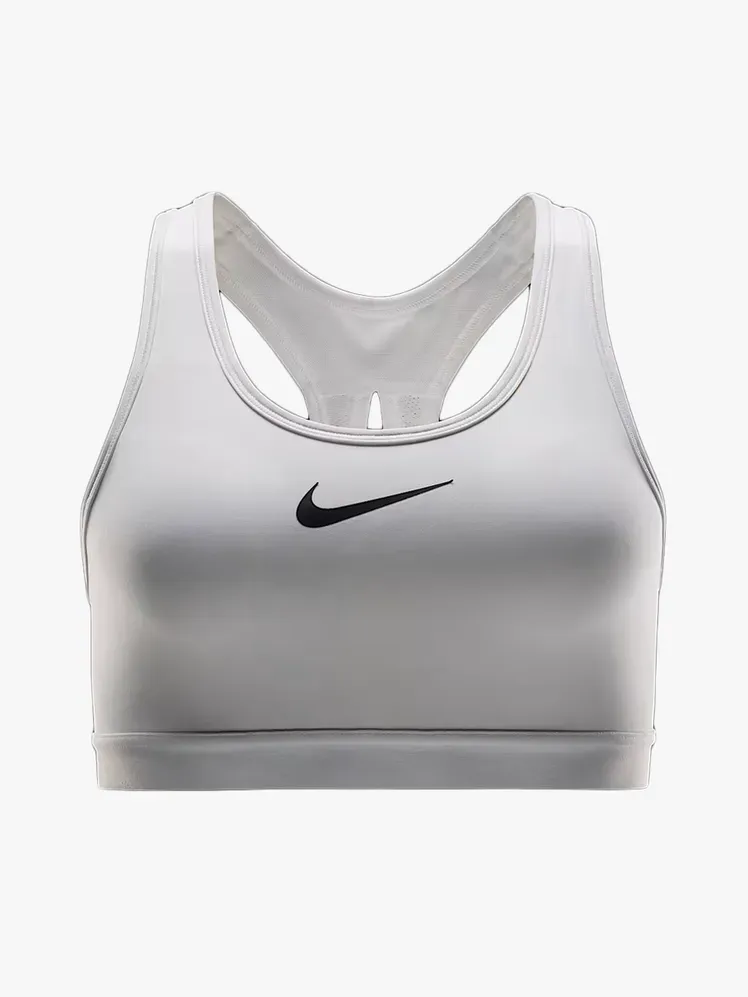 हल्के भूरे रंग की पृष्ठभूमि पर ब्रांडेड घटक में नाइके स्वूश हाई सपोर्ट नॉन-पैडेड एडजस्टेबल स्पोर्ट्स ब्रा