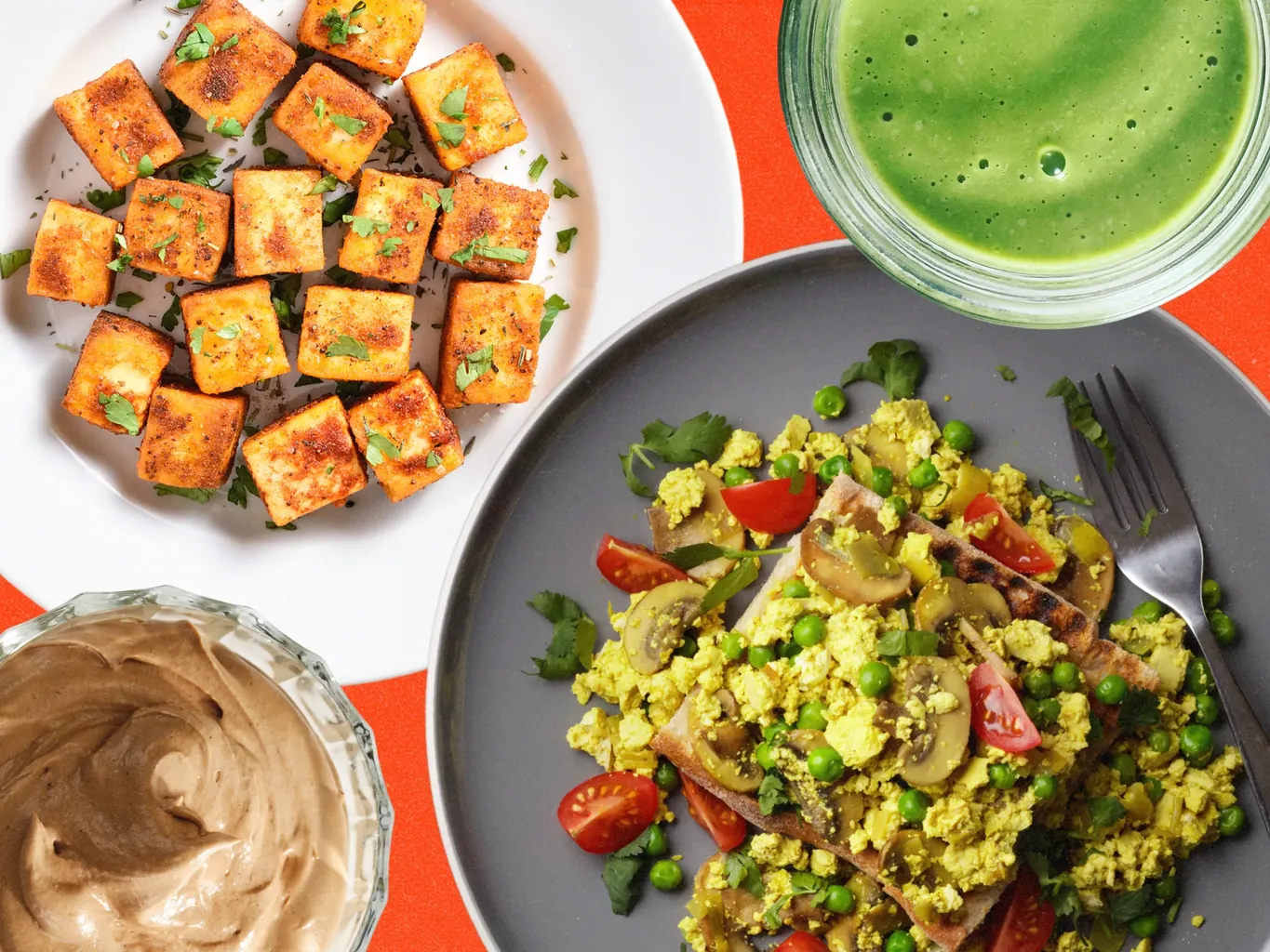 ਹਾਈਪ੍ਰੋਟੀਨ ਟੋਫੂ ਭੋਜਨ ਦਾ ਕੋਲਾਜ