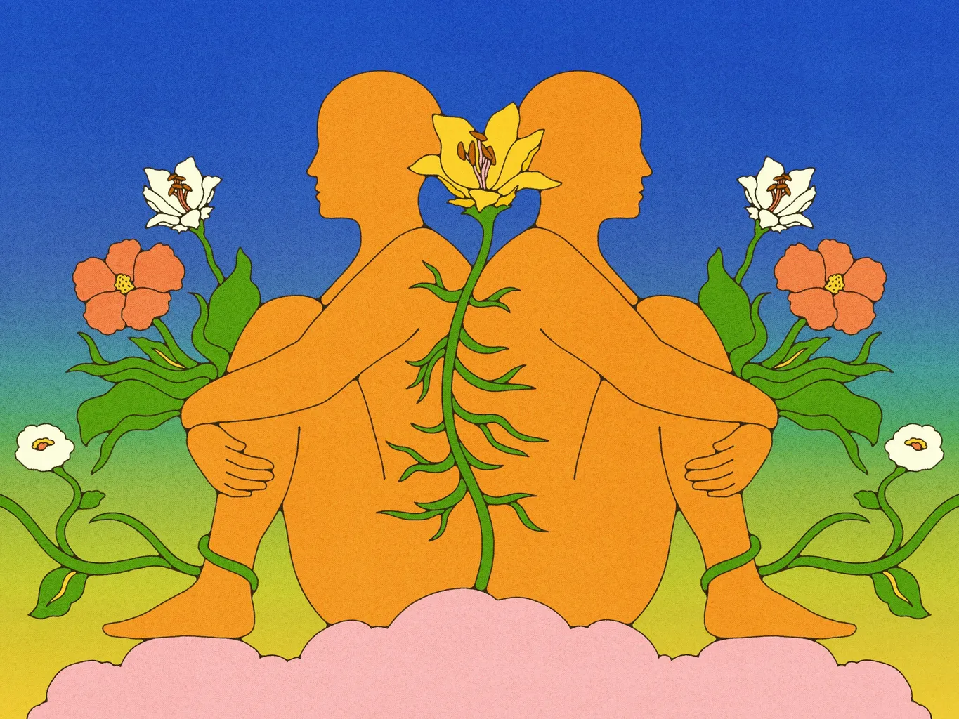 Digital illustration af to figurer, der sidder ryg mod ryg med blomster, der vokser bag dem. Mellem deres ryg er...