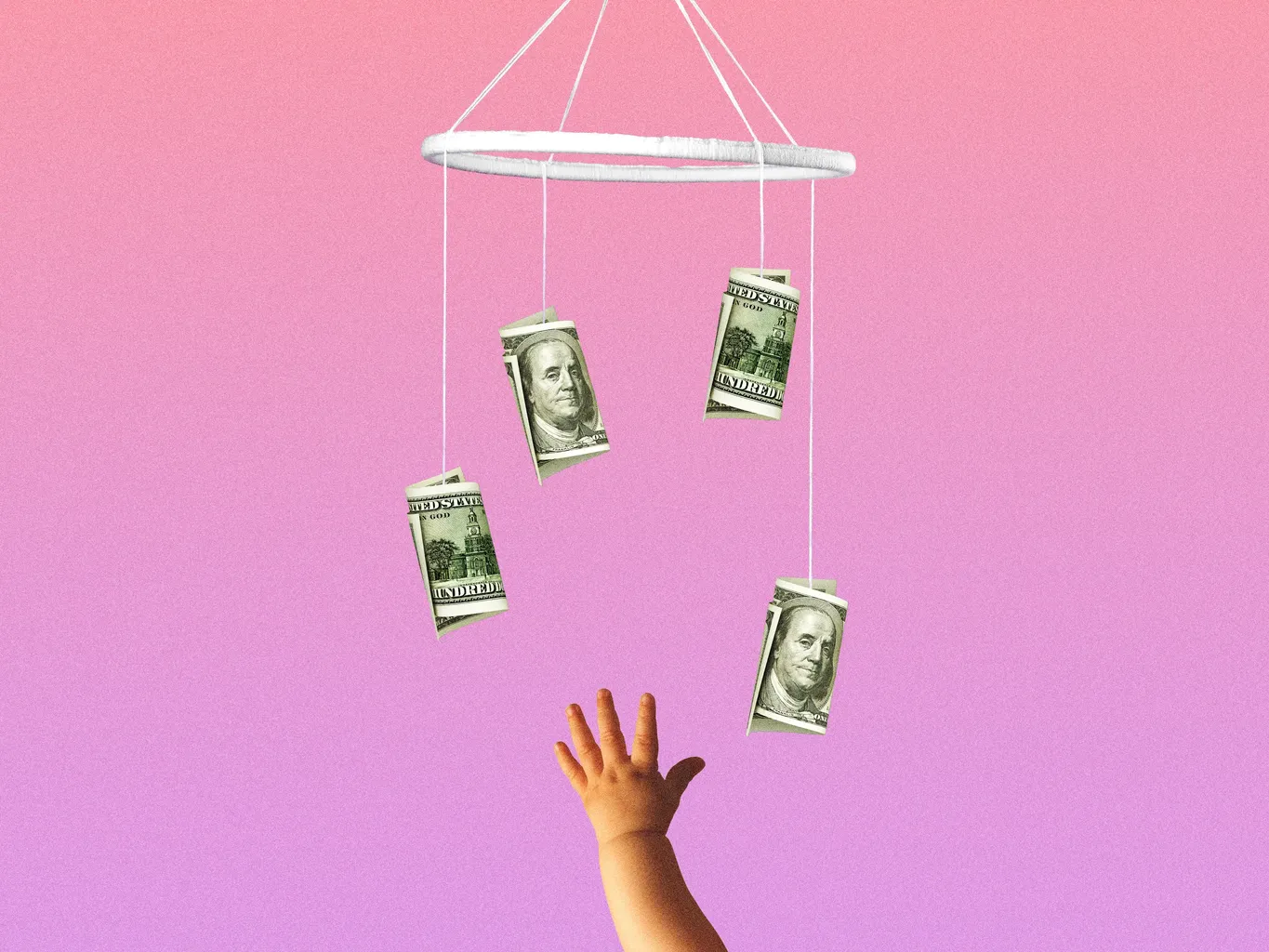 มือของเด็กน้อยเอื้อมมือไปหยิบแบงค์ดอลล่าร์ที่ลอยอยู่ในมือถือ