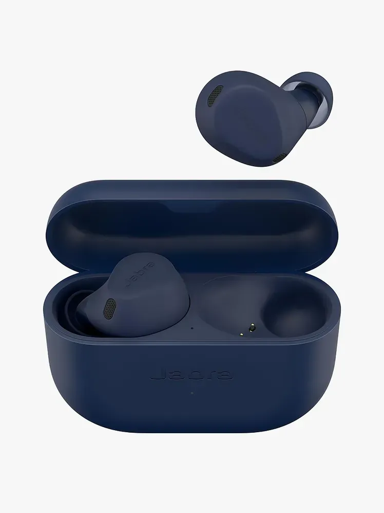 אוזניות Elite 8 Active בצבע נייבי עם נרתיק תואם על רקע אפור בהיר