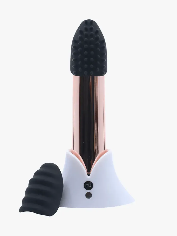 Nu Sensuelle Point Plus 20 Function Bullet Vibrator With Textured Silicone Tips у фірмовому компоненті на світло-сірому фоні