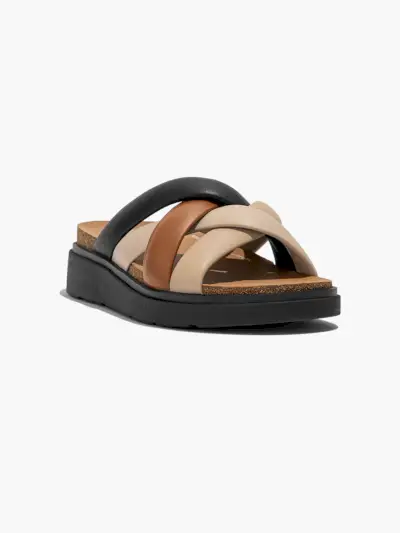 Gen-FF-Plateausandale mit gepolstertem Riemen in Beige und Schwarz auf hellgrauem Hintergrund