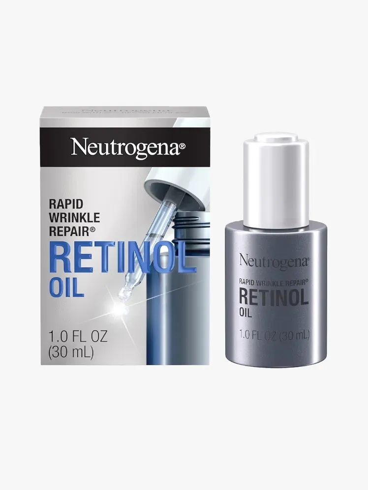 Neutrogena Rapid Wrinkle Repair 0,3% концентроване масло для обличчя з ретинолом у фірмовому складі на світло-сірому фоні