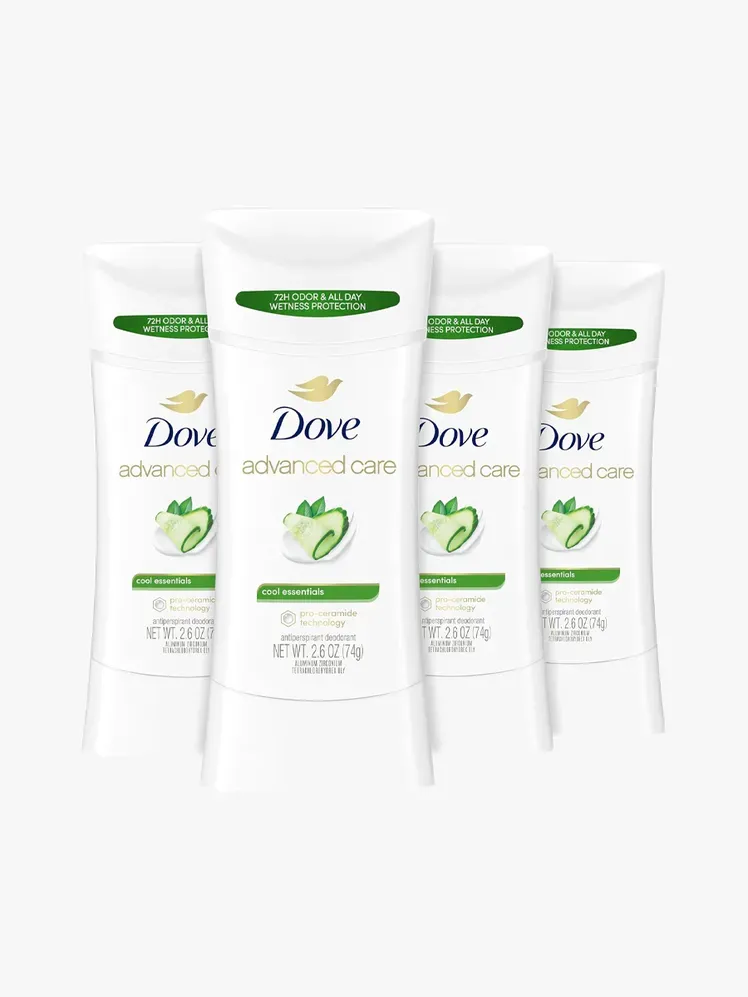 Антиперспірант і дезодорант Dove Advanced Care Cool Essentials 72-Hour (упаковка з 4 штук) у фірмових компонентах на світло-сірому фоні