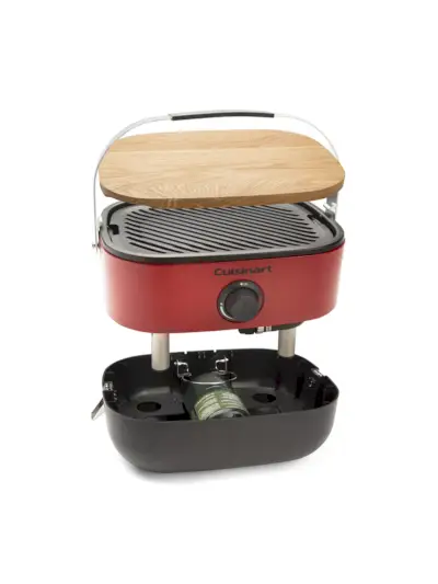 Cuisinart 1-Brenner tragbarer Propangasgrill in roter und schwarzer Farbe auf weißem Hintergrund