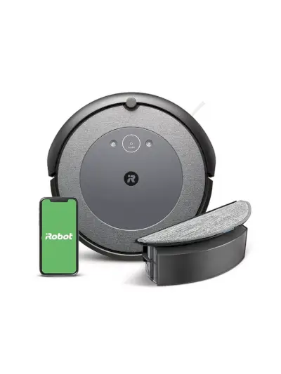 Roomba Combo i5 Saug- und Wischroboter in Schwarz und Grau neben dem Telefon auf weißem Hintergrund