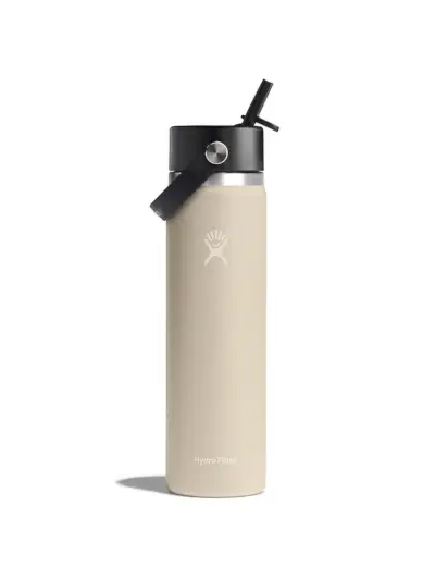 Hydro Flask Edelstahl-Wasserflasche mit breiter Öffnung in Beige und Schwarz auf weißem Hintergrund