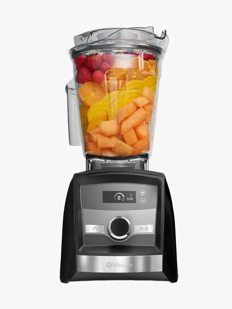 เครื่องปั่นอัจฉริยะ Vitamix A3300 Ascent Series ในส่วนประกอบที่มีตราสินค้าบนพื้นหลังสีเทาอ่อน