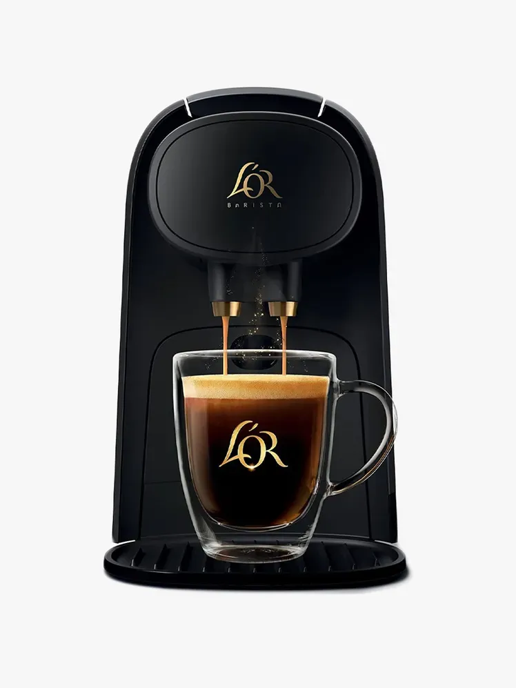 เครื่องชงกาแฟและเอสเปรสโซ L’Or Barista System ในส่วนประกอบของแบรนด์บนพื้นหลังสีเทาอ่อน